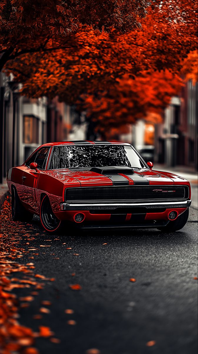 a red car parked on the side of a road next to trees with orange leaves