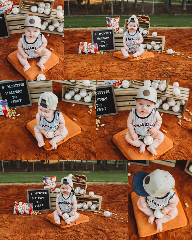 a baby is sitting on top of a baseball field