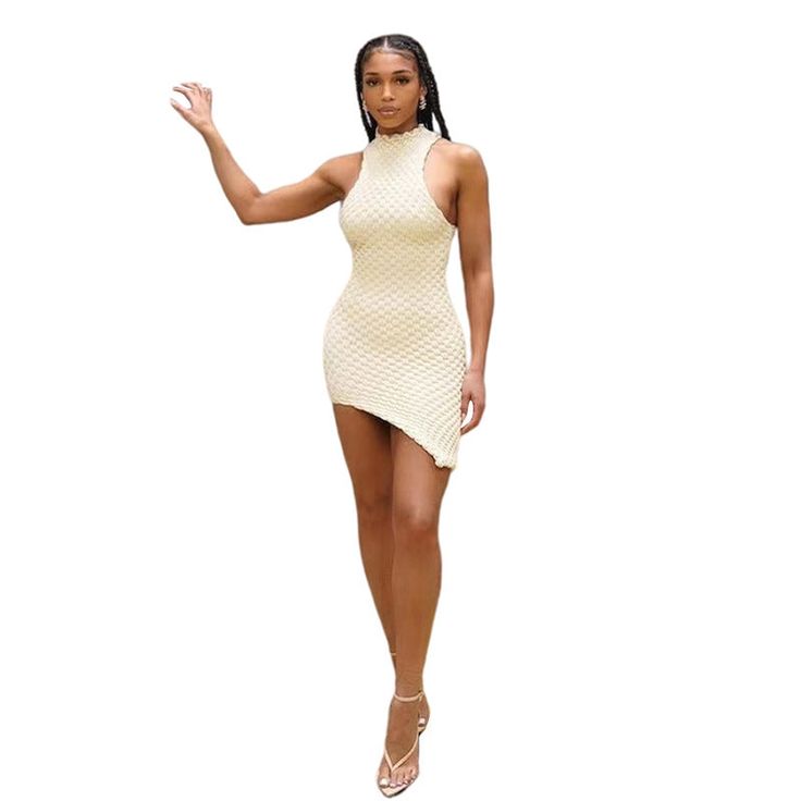 Style: Sexy Fit: Slim Fabric: Polyester Pattern: Solid Element: Non Neckline: Mock Neck Sleeve Type: Others Sleeve Length: Sleeveless Product Type: Bodycon Dress,Asymmetrical Dress Occasion: Party & Club Length: High Low Main Composition: Polyester Sleeveless Beige Bodycon Party Dress, Summer High Neck Bodycon Dress For Club, Beige Halter Neck Sleeveless Dress For Party, Beige Summer Club Dress, Summer Bodycon Sleeveless High Neck Dress, Summer High Neck Bodycon Sleeveless Dress, Beige Fitted Sleeveless Halter Dress, High Neck Bodycon Sleeveless Dress For Summer, Asymmetrical Beige Mini Dress For Parties