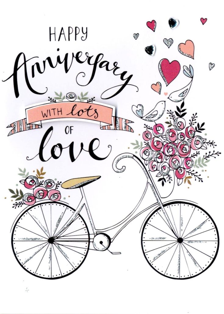 a bicycle with flowers and hearts on the front, says happy anniversary with lots of love