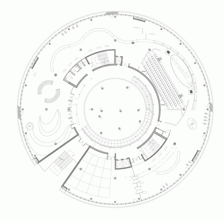 an architectural drawing of a circular building in the middle of a circle, with floor plans below