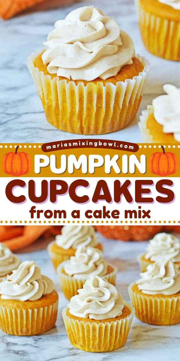 Pumpkin cupcakes from a cake mix are easy to make and full of classic fall flavor with a cinnamon cream cheese frosting. Pumpkin Cupcakes With Yellow Cake Mix Easy, Pillsbury Pumpkin Cupcakes, Pumpkin Cinnamon Cupcakes, Vanilla Pumpkin Cupcakes, Boxed Pumpkin Cupcakes, Pumpkin Cupcakes Using Box Cake, Pumpkin Cake With Buttercream Frosting, Thanksgiving Recipes Dessert Cupcakes, Pumpkin Cupcakes With Spice Cake Mix Easy