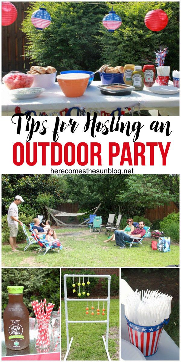 an outdoor party with red, white and blue decorations on the table is featured in this collage