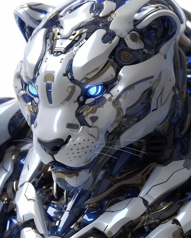 a robot like animal with blue eyes