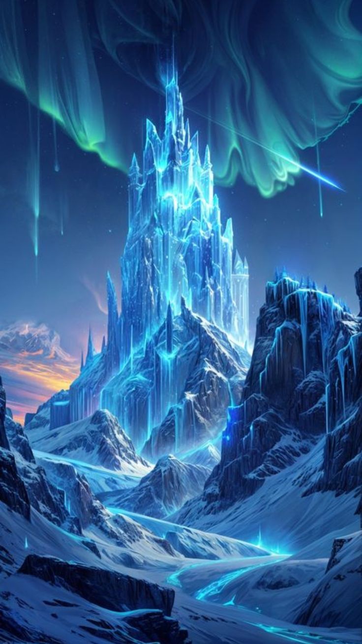 a castle in the middle of a snowy mountain range with ice and snow around it