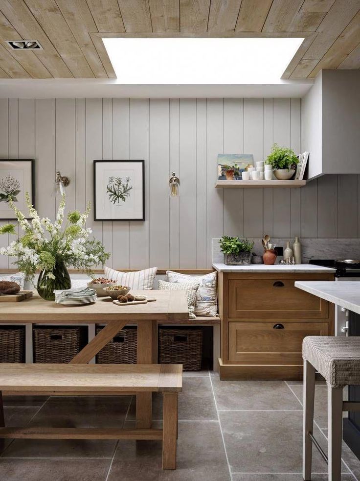 a kitchen filled with lots of wooden furniture