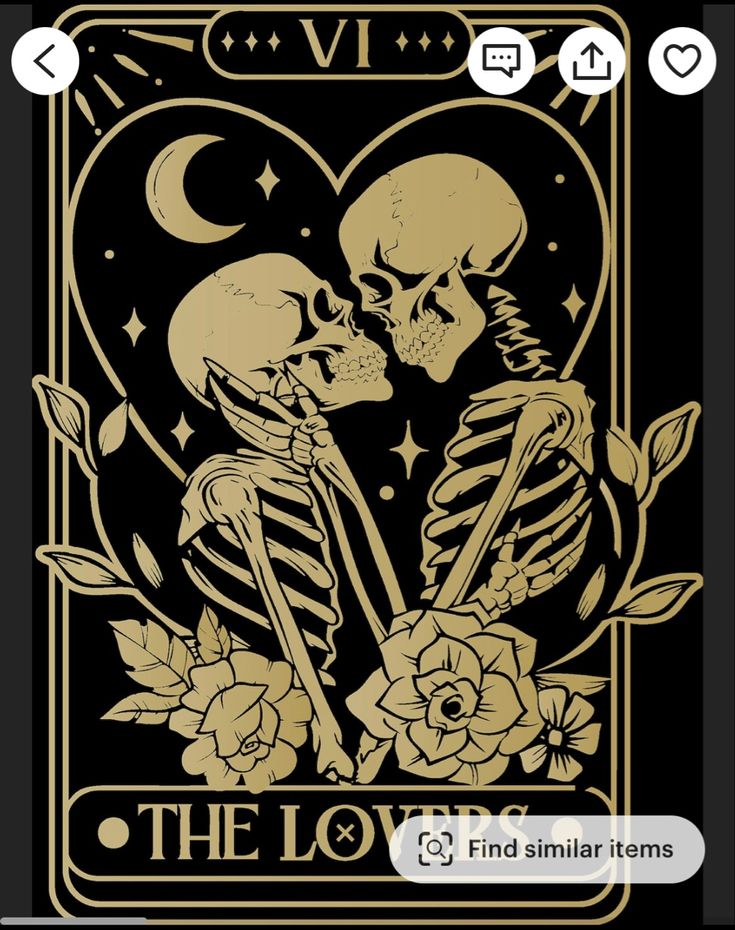 the lovers tarot card with two skeletons holding each other's hands and kissing