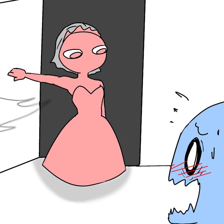 a woman in a pink dress standing next to a blue monster and pointing at her