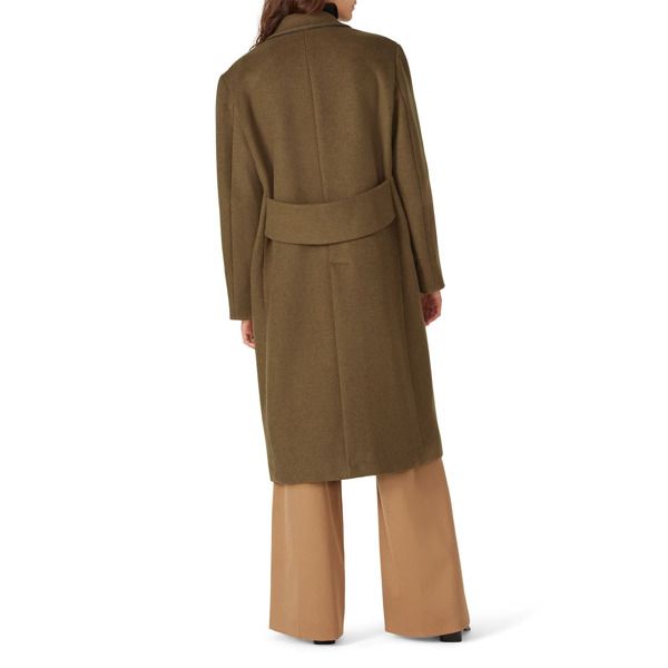 Green wool (40% Wool, 30% Lyocell, 30% Polyamide). Jacket. Long sleeves. Front button closure. Fully lined. Pockets. 44" from shoulder to hemline. Imported. Fall Daywear Outerwear With Hidden Button Closure, Fall Outerwear With Hidden Button Closure For Daywear, Single Breasted Outerwear For Fall Daywear, Single-breasted Outerwear For Fall Daywear, Fall Single-breasted Outerwear For Daywear, Tailored Notch Lapel Outerwear For Daywear, Notch Lapel Outerwear For Fall Daywear, Fitted Wool Coat For Workwear, Double-breasted Outerwear For Fall Daywear