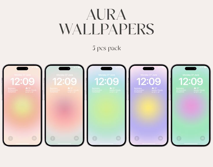 four iphones in different colors and sizes with the text aura wallpapers on them