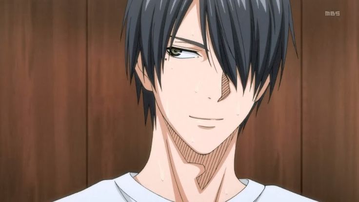 an anime character with black hair and white shirt looking at the camera while standing in front of wood paneled walls