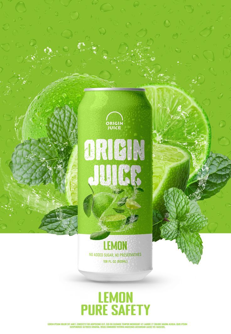 a can of lemon juice with mints and lime slices on the side, surrounded by water droplets