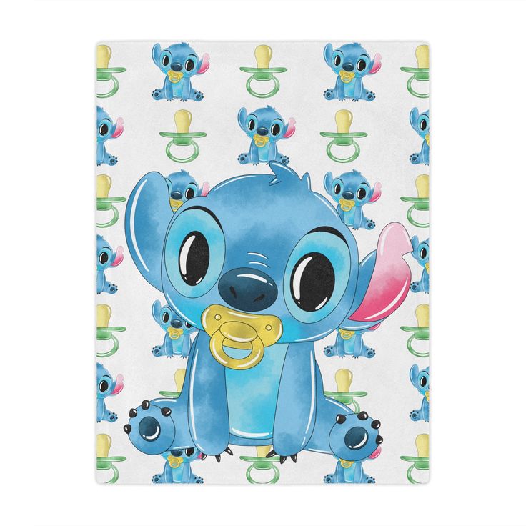 a blue elephant with big eyes on a background of baby elephants and pacifiers