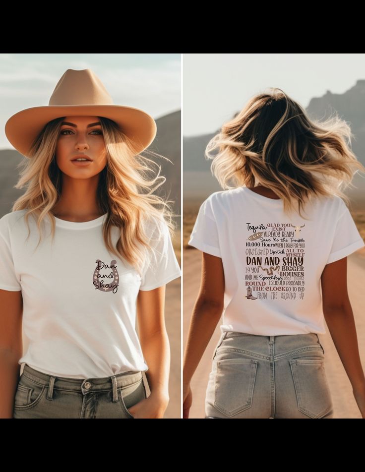 two women wearing t - shirts and cowboy hats in the middle of an open desert