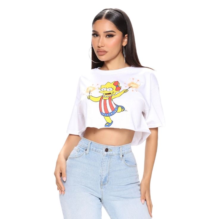 - Size: Xl (Equivalent To 15) - Color: White - Bust: 41-1/2" - Waist: 33-1/2" - Hips: 44-1/2" - Crew Neck - Short Sleeve (Elbow) - Cropped - Lisa Simpson Graphic - 100% Cotton Casual White Cropped T-shirt With Graphic Print, White Graphic Print Crop Top T-shirt, White Crop Top For Streetwear, White Relaxed Fit Crop Top For Streetwear, White Crop Top T-shirt For Spring, Fun White Print Crew Neck Tops, White Trendy Crop Top T-shirt, Trendy White Crop Top T-shirt, White Casual Crop Top T-shirt