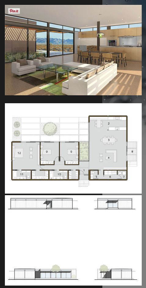 the floor plan for this modern house is shown in two different views, with one room and