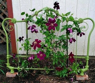 a bed frame with flowers growing out of it