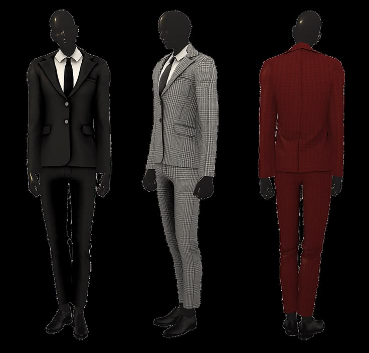 three mannequins dressed in black, white and red suits with one wearing a suit