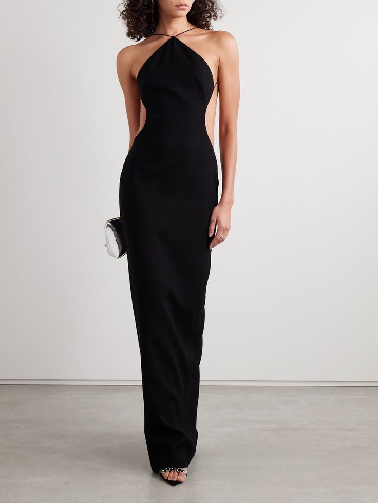 Mônot's eveningwear is renowned for its alluring cutouts. This halterneck gown is made from black crepe and has pin-thin straps framing the open back. Complete the look with gold hoops and simple pumps. Fashion Staples, Crepe Gown, Floral Dresses Short, Dress Flats, Sport Swimwear, Swimsuit Dress, Gold Hoops, Skirt Top, Satin Dresses