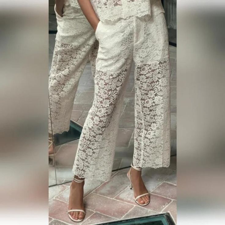 New With Tag Zara S/S 2024 Collection Pants With A High Waist And Front Pockets. Interior Lining. Cropped Straight Leg. Front Zip. Inner Button, And Metal Hook Closure. White| 3278/490 Outer Shell 72% Polyamide 28% Cotton Lining 100% Viscose Which Has At Least Outer Shell 30% Rcs-Certified Recycled Polyamide Elegant Lace Bottoms For Summer, Chic Lace Pants For Party, Chic Wide Leg Lace Bottoms, Chic Wide Leg Lace Pants, Chic Lace Wide Leg Bottoms, Feminine Lace Party Bottoms, Elegant Wide Leg Bottoms For Brunch, Elegant Slim Fit Pants For Brunch, Elegant Wide Leg Lace Pants