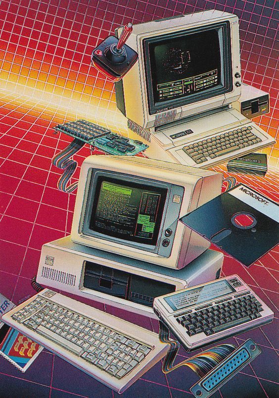 an old computer advertisement with multiple computers and keyboards on top of each other in front of a red background