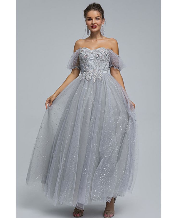 Best 11% off now! Buy elegant grey a line maxi sequin prom dress off shoulder at affordable price online. Free shipping and pro custom service since 2009. Prom Dresses Princess, Off Shoulder Prom Dresses, Gaun Tulle, Off Shoulder Tulle, Prom Dresses Sparkly, Dress Quinceanera, Sparkly Prom Dresses, Princess Prom Dresses, Floral Prom Dresses