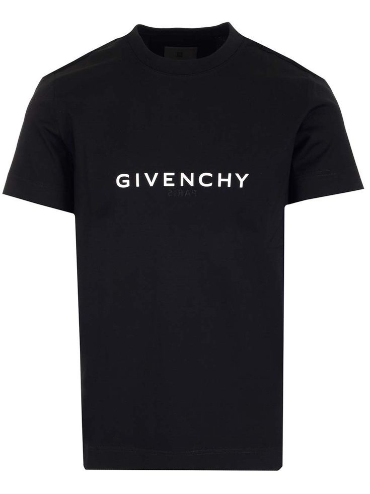 White "Paris Reverse" cotton t-shirt with front logo from Givenchy. Graphic Tee With Designer Logo, Graphic Tee With Designer Logo In Cotton, Designer Logo Graphic Tee In Cotton, Designer Logo Graphic Tee With Short Sleeves, Cotton Graphic Tee With Designer Logo, Graphic Cotton T-shirt With Designer Logo, Cotton Crew Neck T-shirt With Designer Logo, Modern Logo T-shirt For Streetwear, Crew Neck Cotton T-shirt With Designer Logo