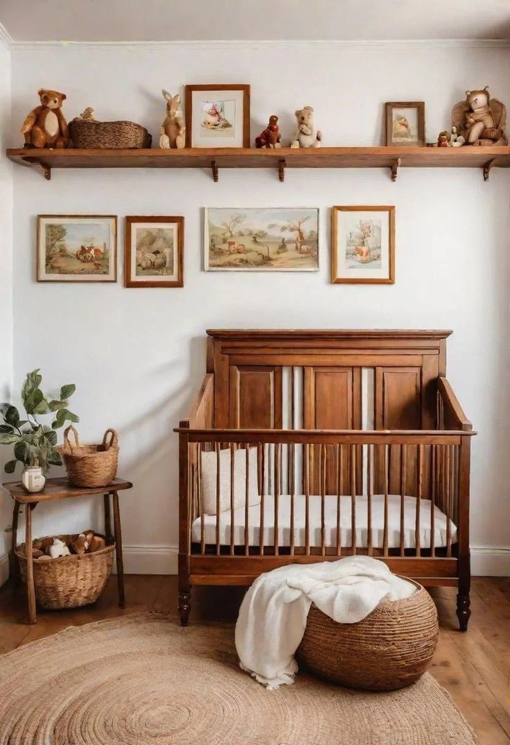 a baby's room with pictures on the wall