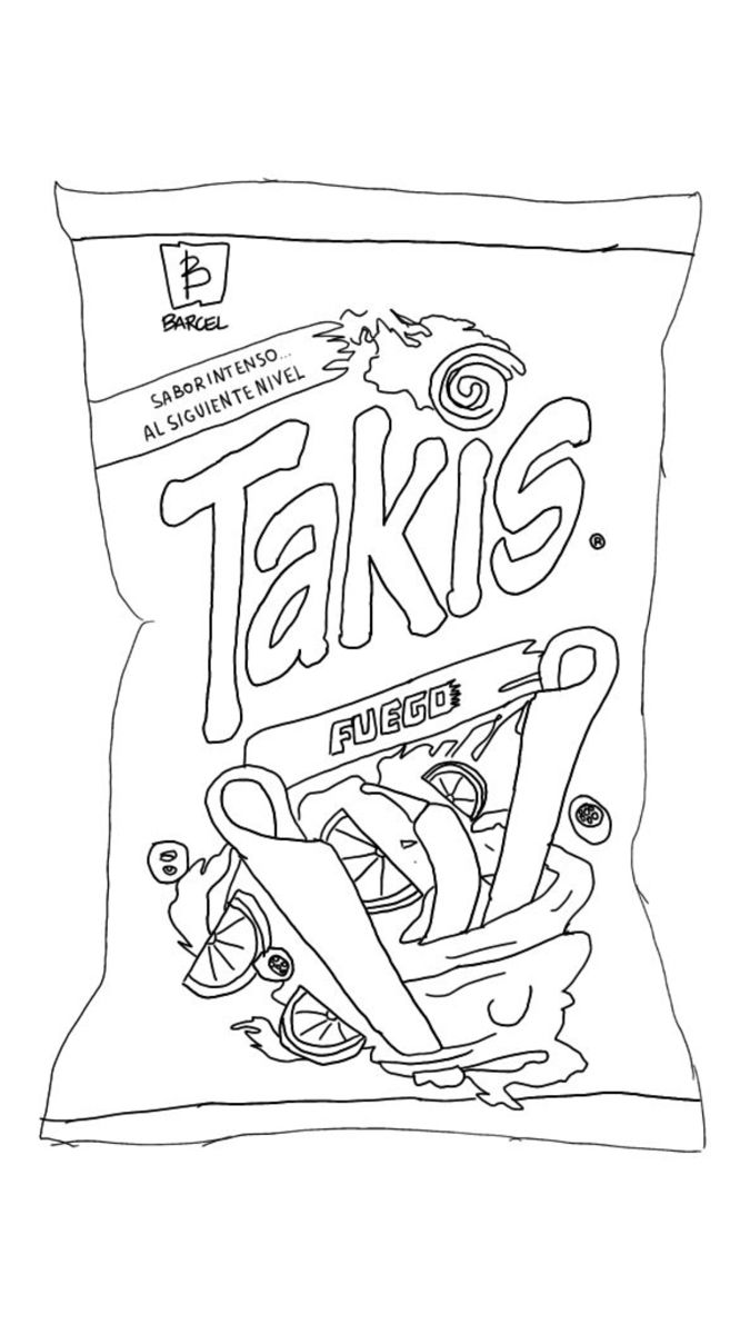 a bag of take's with scissors on the front and back side, in black ink