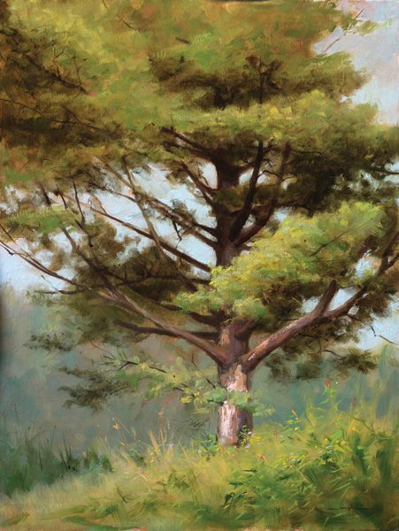 an oil painting of a tree in the grass