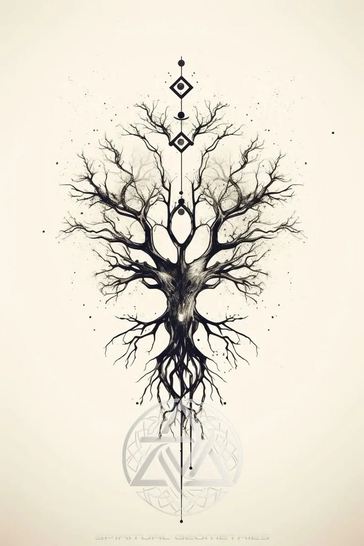 a tree with branches and an arrow in the middle is surrounded by other symbols on a white background