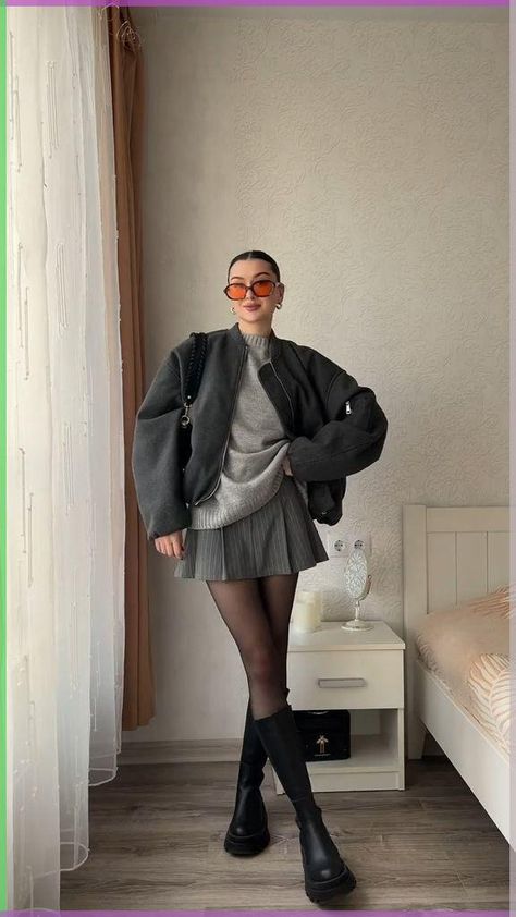 Winter Outfits With Pleated Skirts, Grey Tights Outfit Winter, Grey Pleated Skirt Outfit Summer, Pleated Skirt And Jumper, Mini Skirt Tights And Boots, Black Mini Skirt Outfit Winter Tights, Grey Mini Skirt Outfit Winter, Black Tennis Skirt Outfit Fall, Pleated Skirt Sweater Outfit