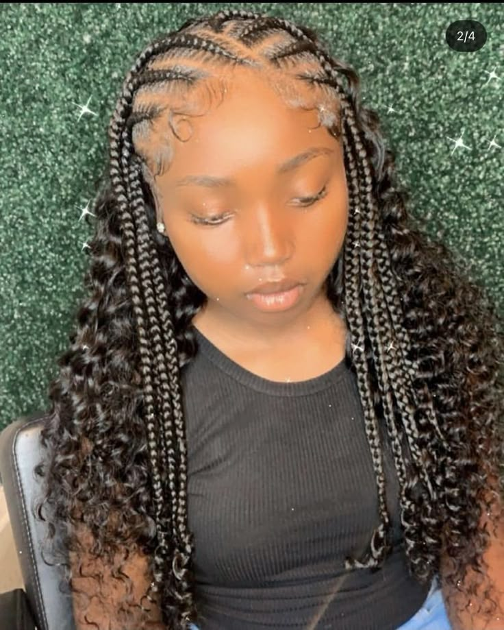 21 Birthday Hairstyles Braids, Feed In Braids In Front Curly Hair In Back, Feedin Braids With Curly Hair Sew In, Braids At Top With Sew In, Feedin Braids In Front Weave In Back, Trial Braids With Weave, Braids Going Back With Weave, Fulani Braids With Curly Hair In The Back, Curly Hair In The Back With The Braids