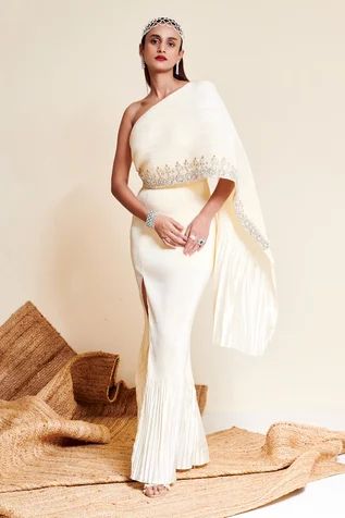 Shop for Reeti Arneja Ivory Taffetta Raina Side Slit Embroidered Gown for Women Online at Aza Fashions Reeti Arneja, Best Gowns, Pleated Gown, Reception Gown, Ivory Gown, Gown For Women, Sleeve Gown, Gown Pattern, Head Gear