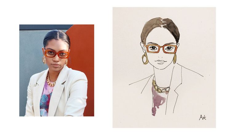 a drawing of a woman with glasses and a photo of the same person in front of her