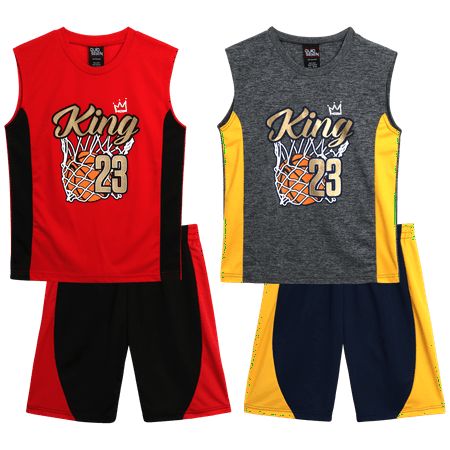 Quad Seven Boys' 4-Piece Performance Short Sets are all the rage for competitive youngsters. Hell play with confidence wearing varsity colors and graphics in these mix and match outfits. These fashion forward clothes make an awesome gift for the future athlete in your family. Versatile - This sporty set comes with four pieces, including mesh shorts and vibrant graphic T-shirts, providing more choices for him and fewer laundry days for you. Performance Fabric will keep your son cool and dry all d Cotton Sport Sets With Graphic Print, Cotton Graphic Print Sports Sets, Sporty Streetwear Sets With Graphic Print, Sporty Graphic Print Sets For Sports, Sporty Graphic Print Sports Sets, Sporty Cotton Sets With Graphic Print, Sports Graphic Print Crew Neck Sets, Sporty Tops With Character Print For Sports Events, Graphic Print Crew Neck Sports Set