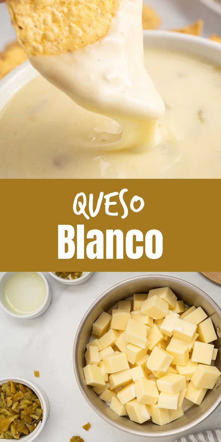 the ingredients for queso blancco are being spooned into a bowl with cheese