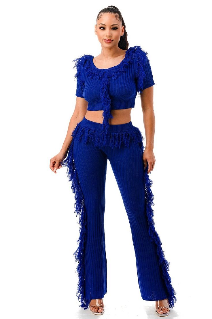 Elevate your style with our "Lets Dance Fringe Set," a stunning ensemble that seamlessly blends comfort and chic. Carefully curated, this set is designed to make you stand out on the dance floor and beyond.Key Features:1. Fabric: Indulge in the luxurious feel of our cable knit pants set, crafted from 100% polyester for a cozy and stylish experience.2. Fit: The set includes cable knit pants and a short sleeve fringe crop top for a trendy and coordinated look.3. Color Options: Opt for a bold and v Cable Knit Pants, Crop Top And Pants Set, Fringe Pants, Fringe Crop Top, Crop Top Set, Fringe Top, Fringe Sweater, Let's Dance, Top And Pants Set