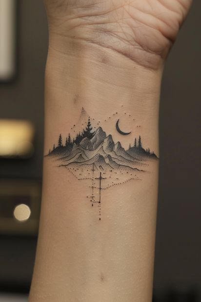 a small tattoo on the wrist of a woman with mountains and stars in the sky