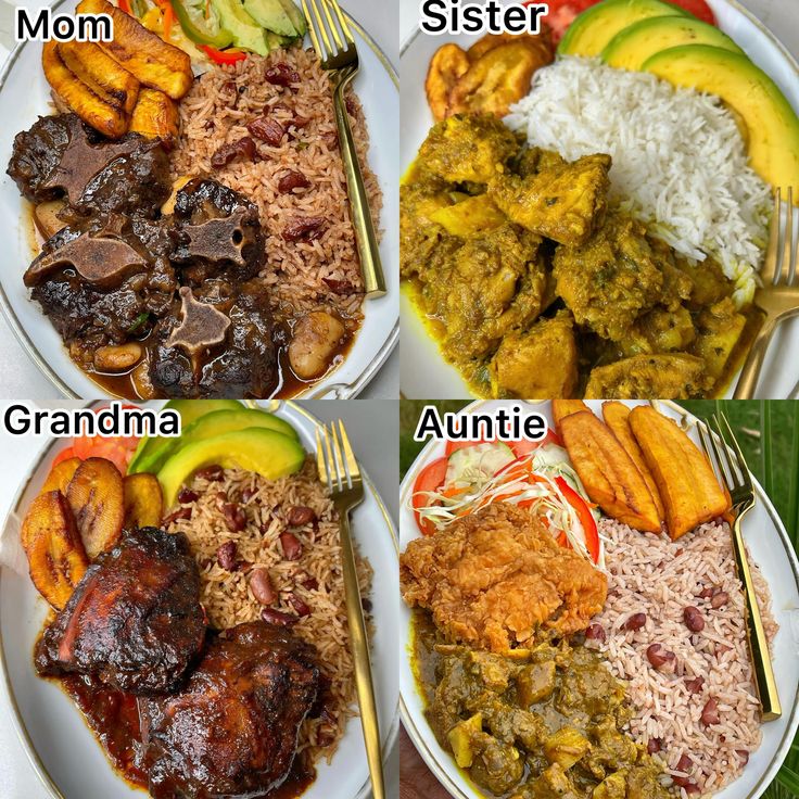 four plates with different types of food on them, including rice, meat and veggies