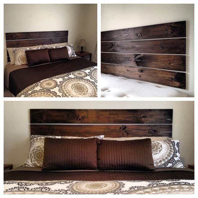 three different pictures of a bed with brown and white comforter, two made from wood planks