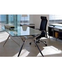 an office desk with glass top and black chair