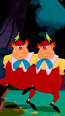 two cartoon characters in red and yellow outfits, one is holding the other's head