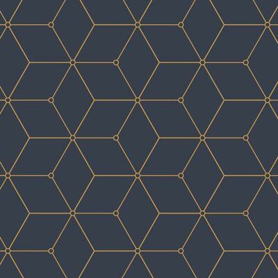 an abstract geometric pattern with lines and dots in gold on a dark blue background, suitable for wallpaper or fabric