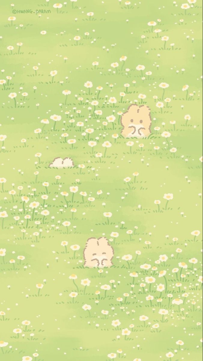 two sheep are laying in the grass with daisies and daisies around them on a green background