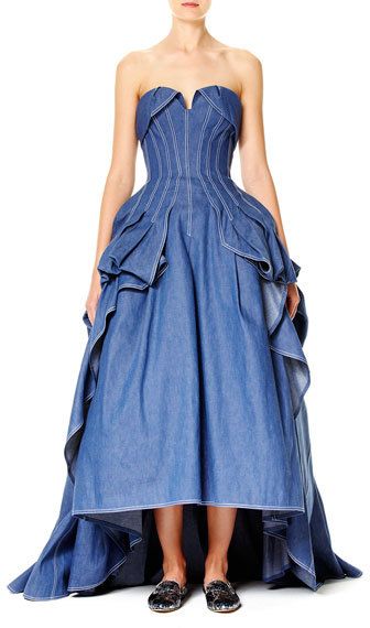 Carolina Herrera Strapless Denim Ball Gown, Blue Ball Gown Blue, High Low Ball Gown, Carolina Herrera Gown, Blue High Low Dress, Gowns Blue, Strapless Ball Gown, Blue Evening Gowns, Gown Blue, High Low Gown