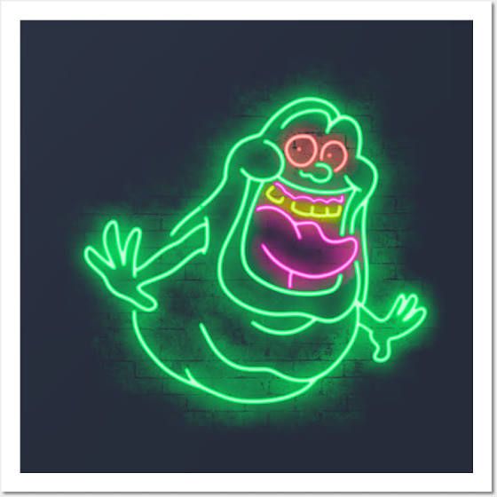 a neon sign that is on the side of a brick wall with an image of a cartoon character