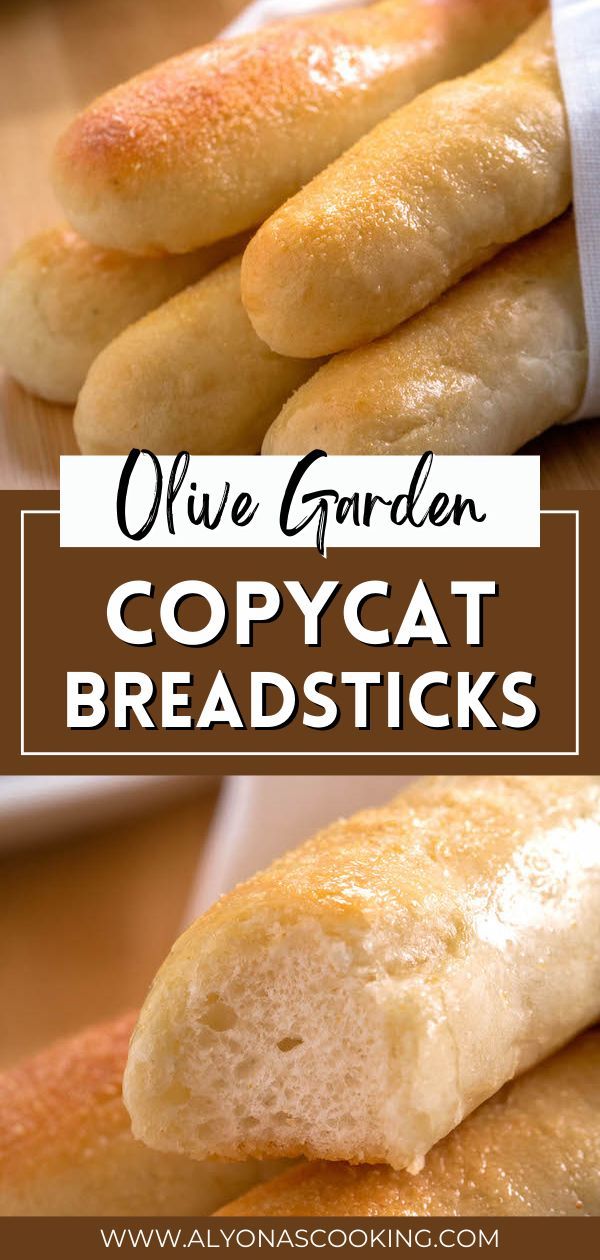 some bread sticks are stacked on top of each other with the words olive garden copycat breadsticks