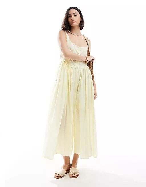 ASOS DESIGN voile picnic midi sundress in lemon | ASOS Summer Midi Sundress For Daytime, Chic Yellow Sundress For Summer, Breezy Sleeveless Sundress For Daywear, Summer Yellow Midi Dress With Spaghetti Straps, Summer Maxi Length Sundress For Daywear, Summer Maxi Sundress For Daywear, Yellow Spaghetti Strap Midi Dress For Summer, Yellow Spaghetti Straps Midi Dress For Summer, Breezy Sleeveless Midi Dress For Daywear