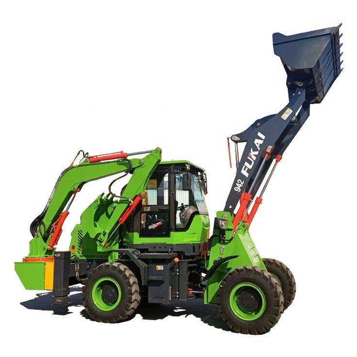 a large green tractor parked on top of a white ground